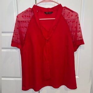 Red blouse with mesh sleeve detail